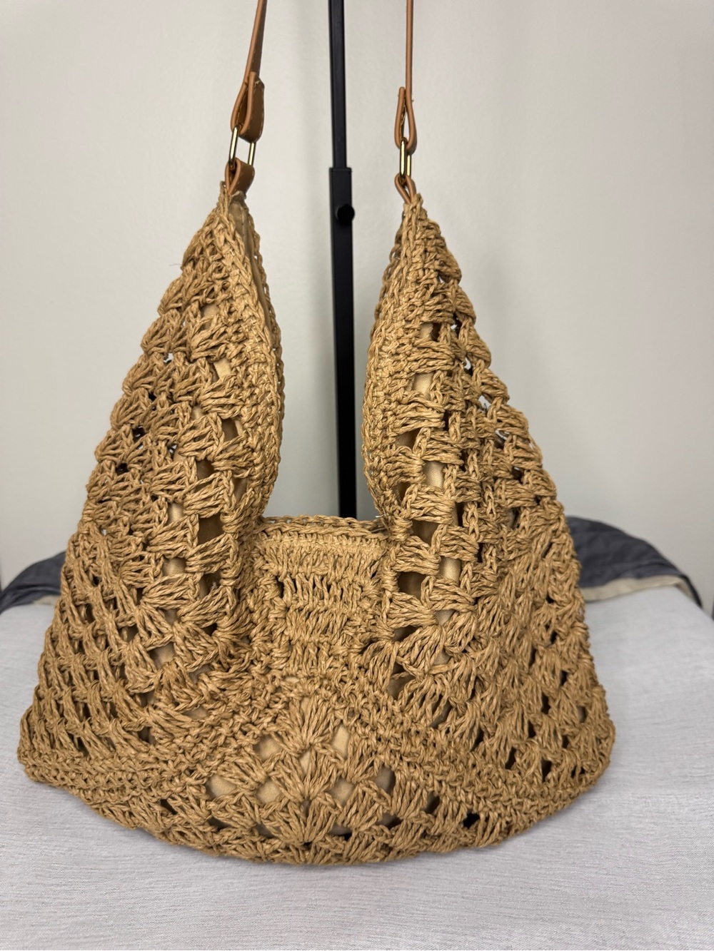 Catherine Malandrino Khaki Woven Straw Fall Hobo Shoulder Bag Minimalist - Picture 9 of 9